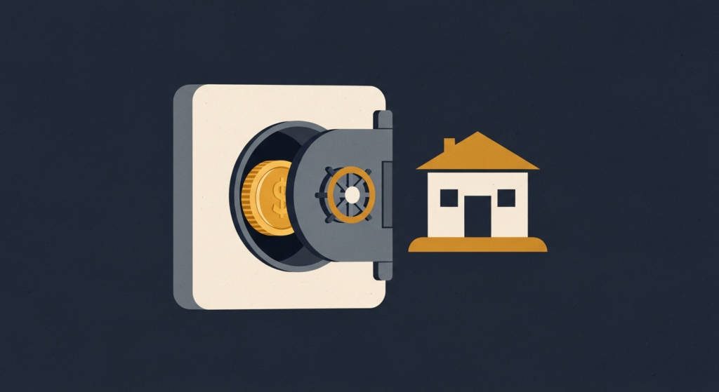 Illustration: a gold coin in a vault, a small house outside it