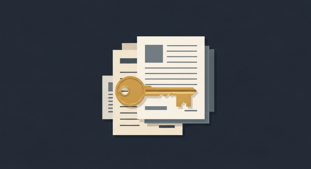 Illustration: a gold key on a stack of documents