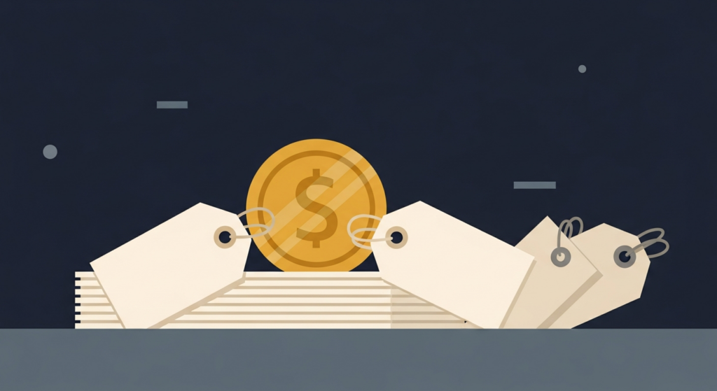 Illustration: a gold coin behind a barrier of fee tags