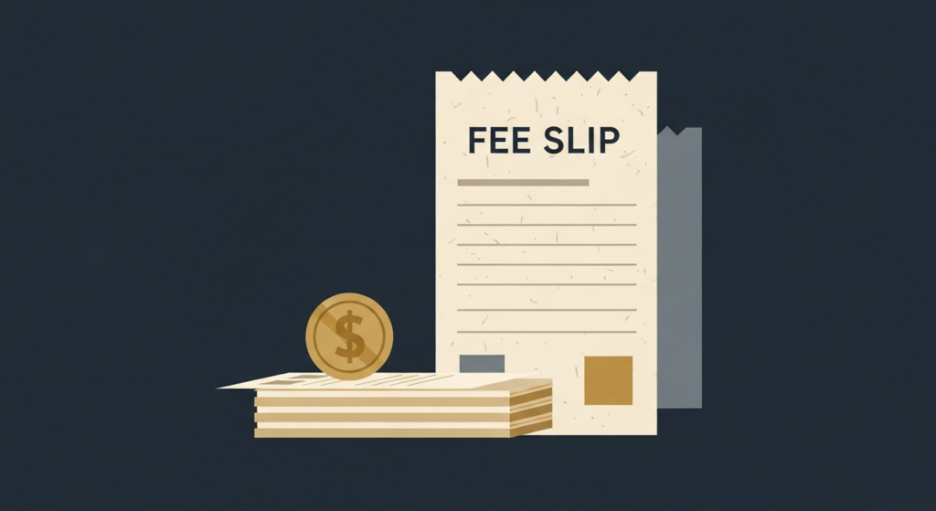 Illustration: a gold coin on fee slips with one oversized slip behind