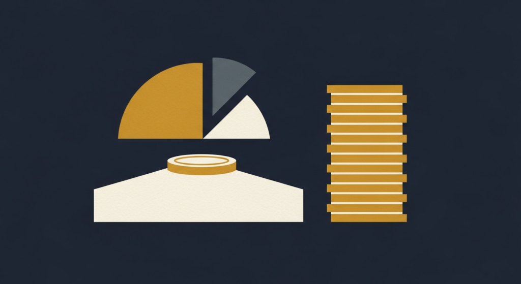 Illustration: a small gold coin under a large fee wedge beside a tall stack