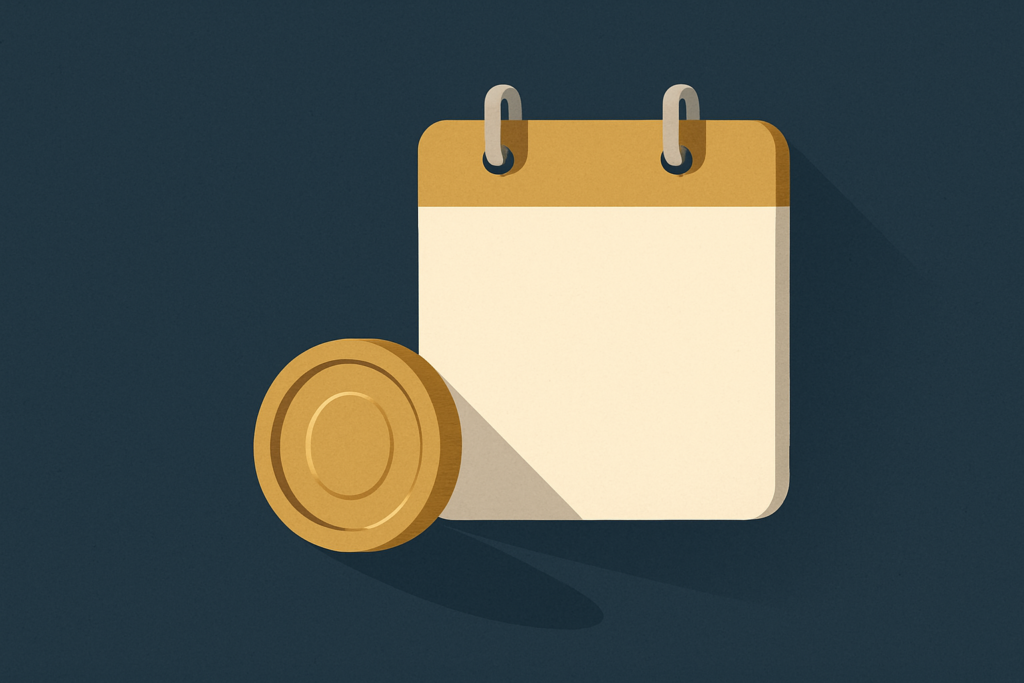 Illustration: a gold coin beside a calendar page