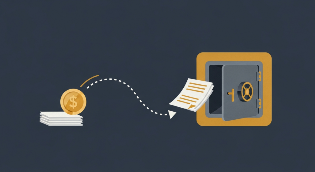 Illustration: a gold coin on a dotted path from documents to a vault
