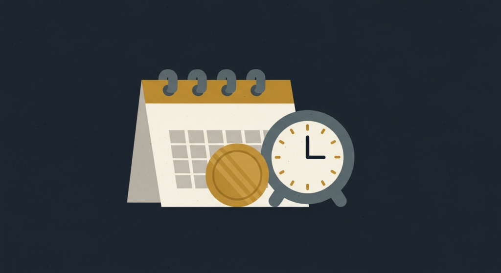 Illustration: a gold coin on a calendar beside a clock