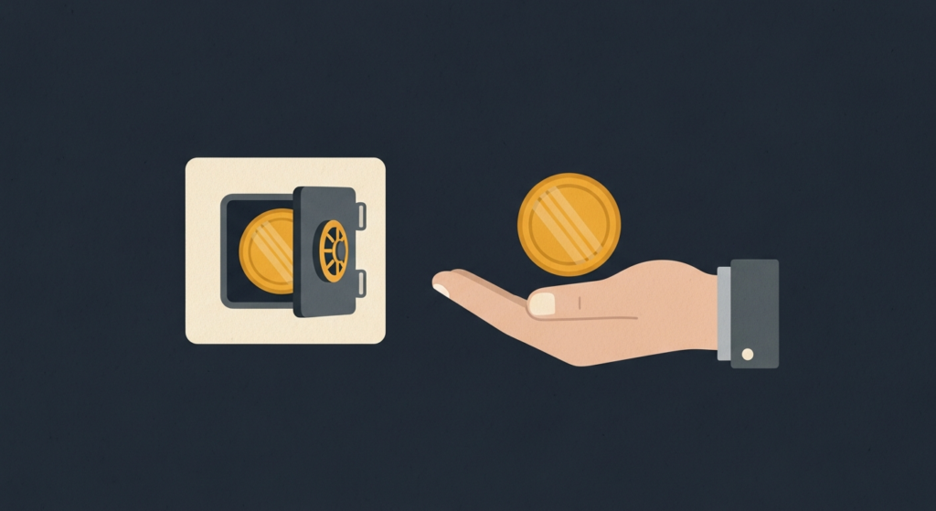 Illustration: a gold coin in a vault beside one in an open hand