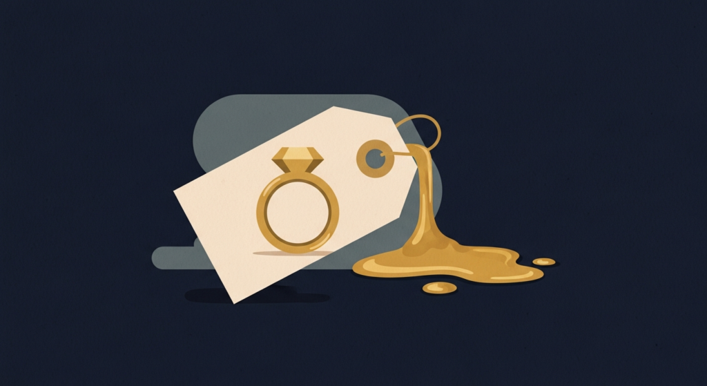 Illustration: a gold ring on a price tag beside a melt puddle