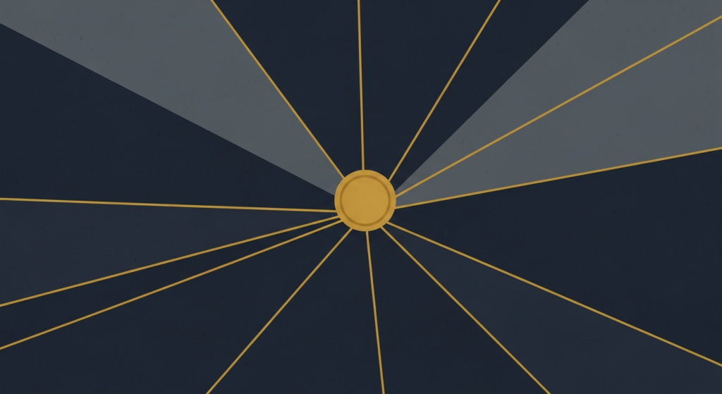 Illustration: a gold coin where several forecast lines fan out and diverge
