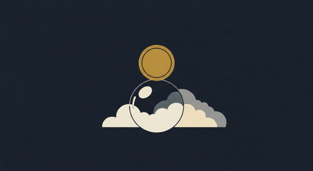 Illustration: a gold coin resting on a clouded crystal ball