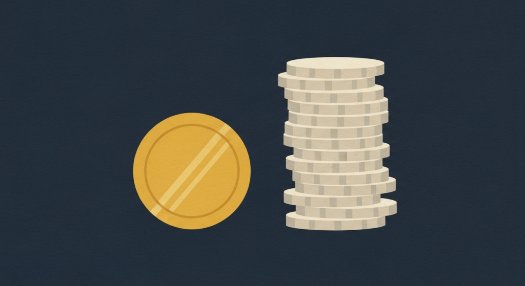 Illustration: one gold coin beside a tall stack of silver coins