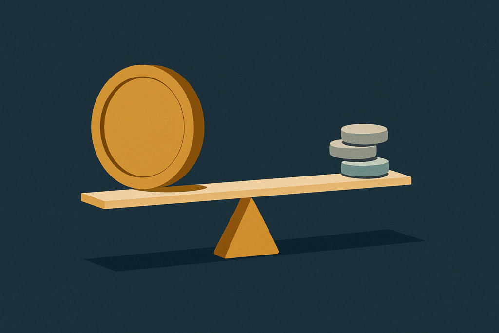 Illustration: a simple balance lever with one large gold coin on one side and several small silver-grey discs on the other