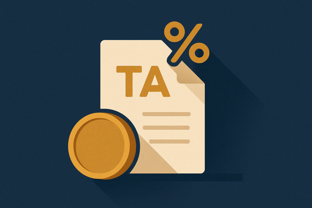 Illustration: a gold coin beside a paper tax form marked with a percent symbol