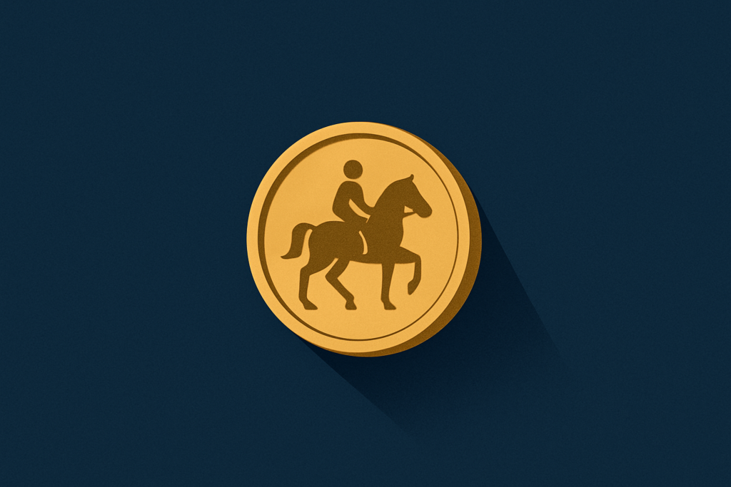 Illustration: a small gold coin with a horseback figure motif