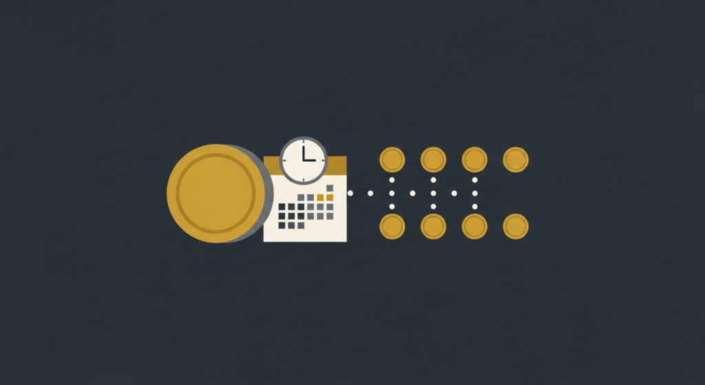 Illustration: a gold coin with a clock and calendar, suggesting timing and steady buying