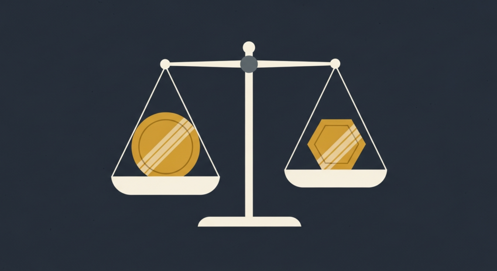 Illustration: a gold coin and a hexagonal token on a balance scale
