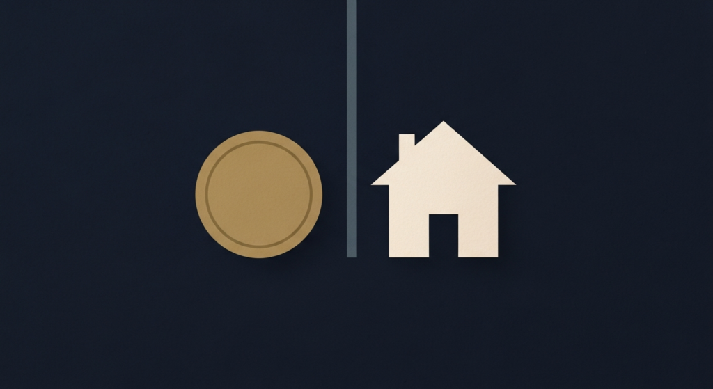 Illustration: a gold coin beside a small house, divided