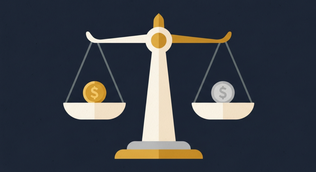 Illustration: a gold coin and a silver coin balanced on opposite ends of a scale