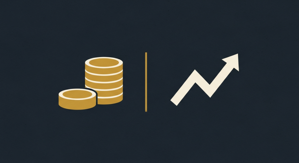 Illustration: gold coins beside a rising stock-market chart arrow