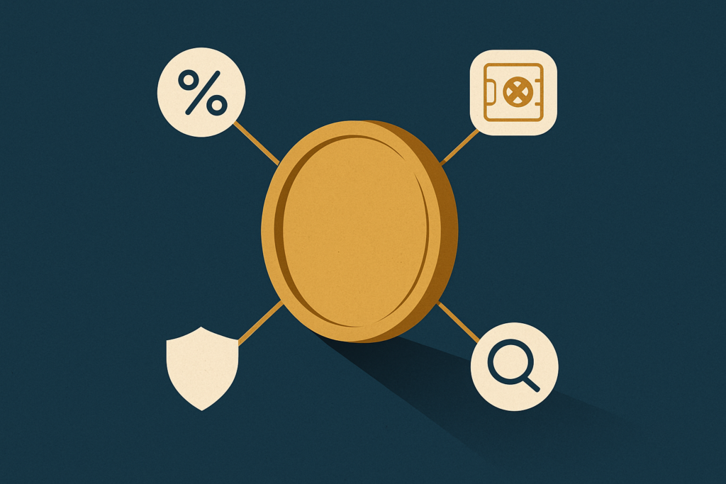 Illustration: a single gold coin at the center of several thin gold lines radiating to small topic icons on a navy field