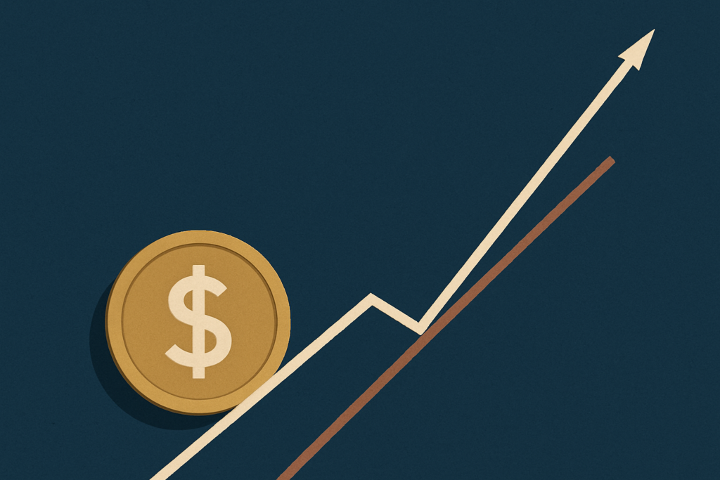 Illustration: two thin diverging lines climbing at different angles past a single gold coin on a navy background
