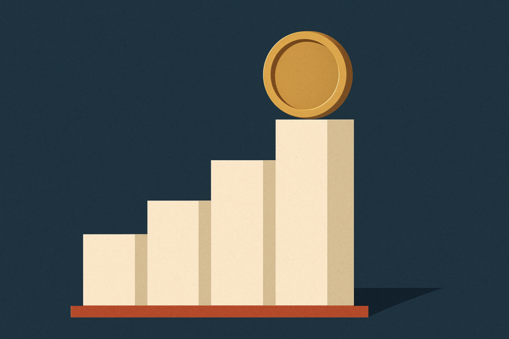 Illustration: a single gold coin rising along an upward stepped bar chart on a navy field