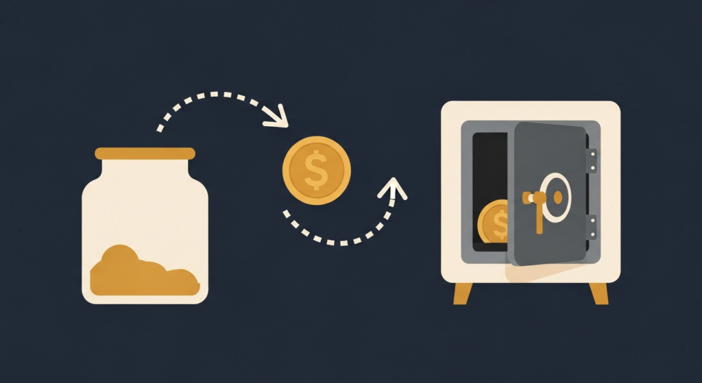 Illustration: a gold coin on an arrow from a jar to a vault