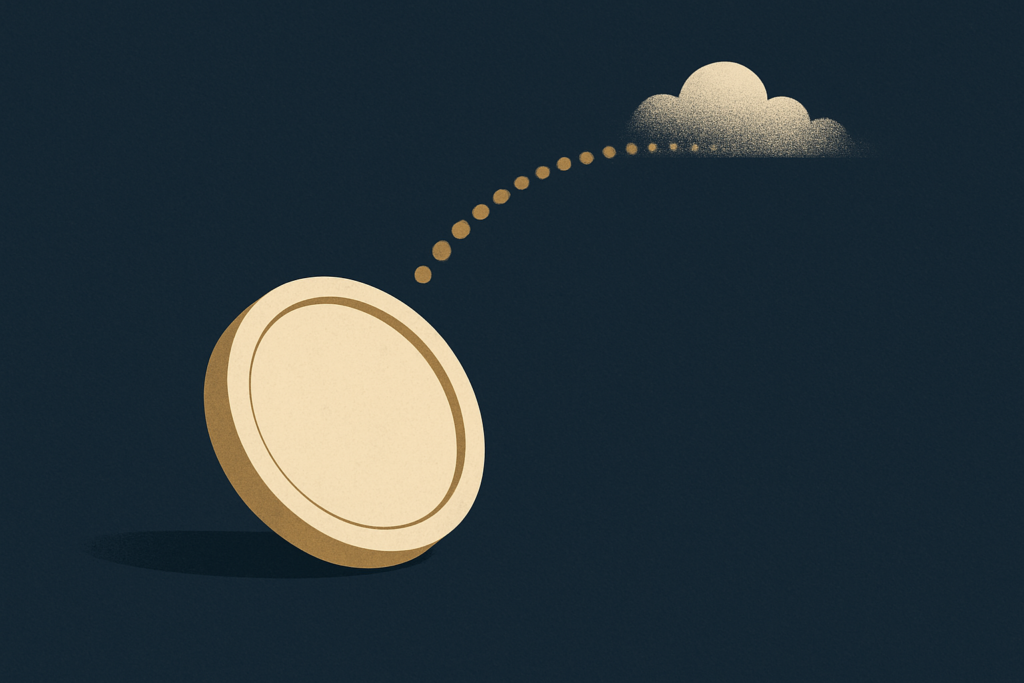 Illustration: a silver coin with a short dotted forward arc trailing off into a faint cloud of uncertainty
