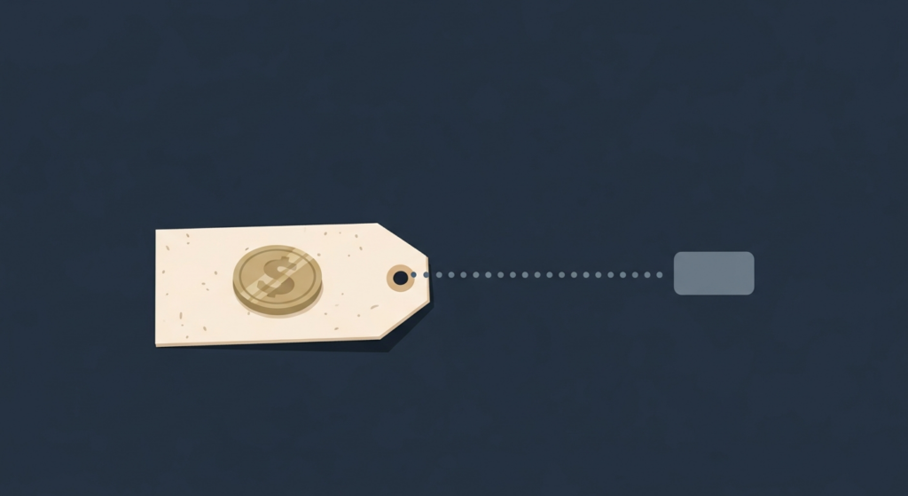 Illustration: a gold coin on a price tag with a gap line