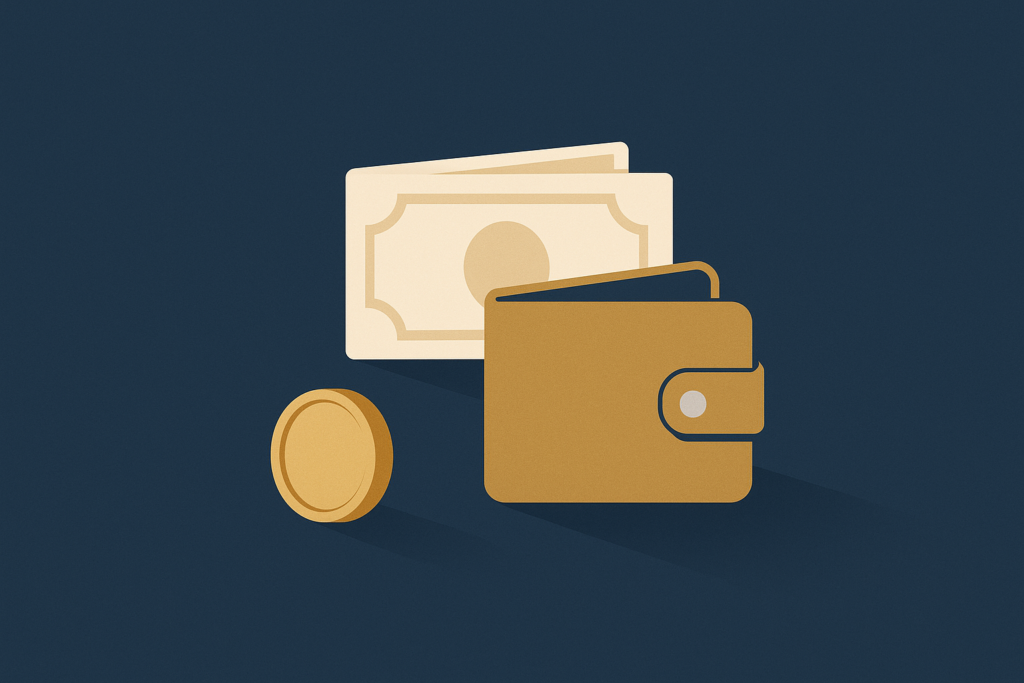 Illustration: a gold coin beside a wallet and bills