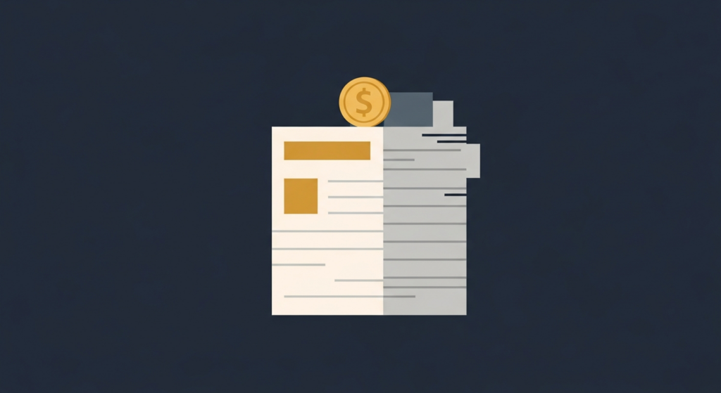 Illustration: a small gold coin resting on top of a stack of documents