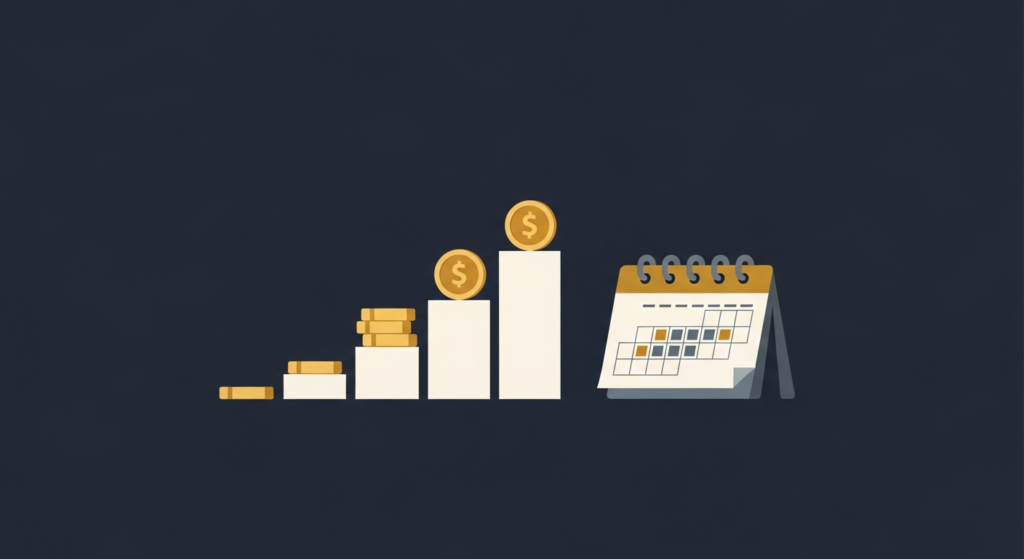 Illustration: a rising staircase of gold coins beside a calendar