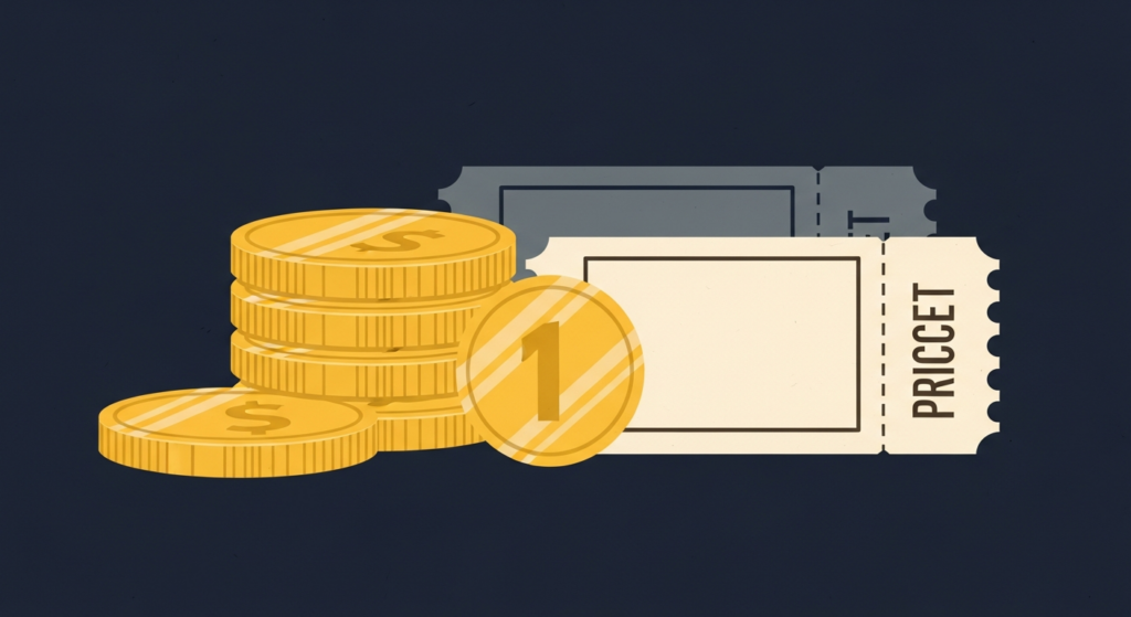 Illustration: two gold coins, a fractional coin, and a price ticket