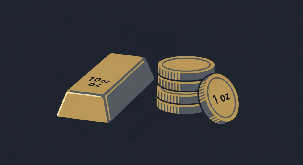 Illustration: a 10 oz gold bar beside three 1 oz coins