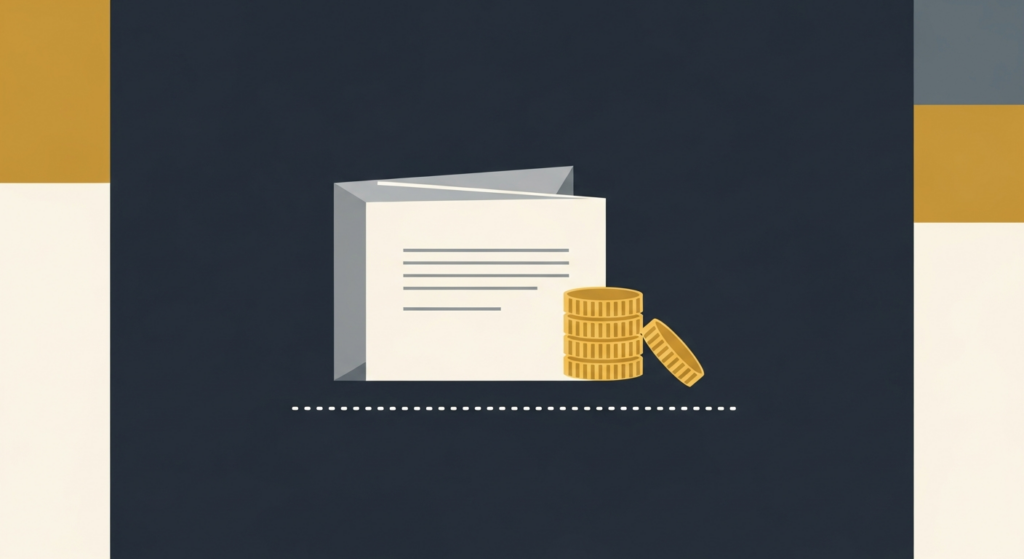 Illustration: a paper form, gold coins, and a threshold line