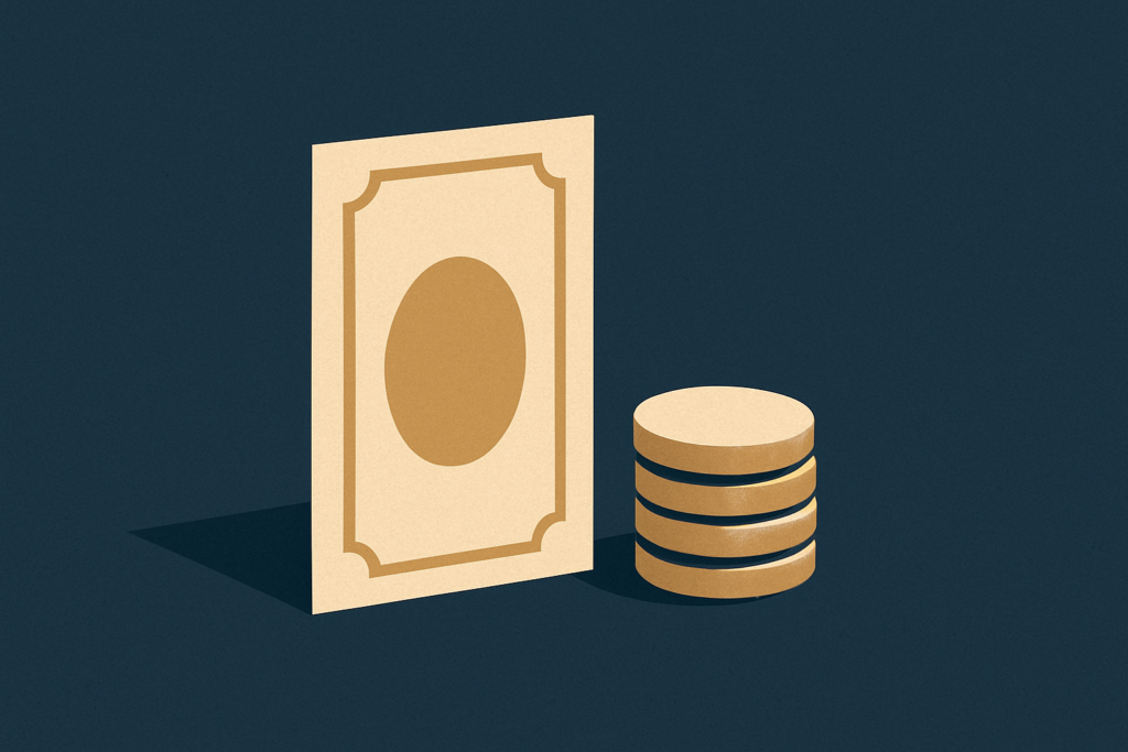 Illustration: a small heap of silver coins beside a single upright paper bill on a navy field