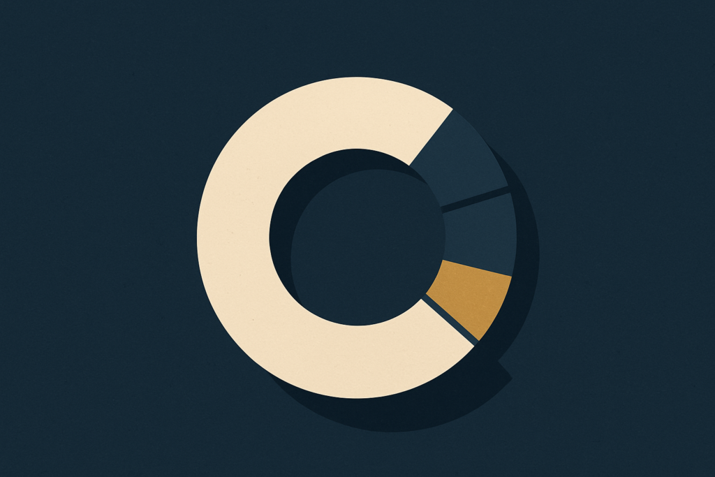 Illustration: a ring chart on navy with one small gold wedge among navy segments