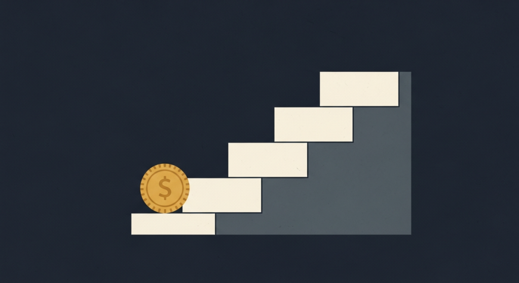 Illustration: a gold coin on the first step of a staircase