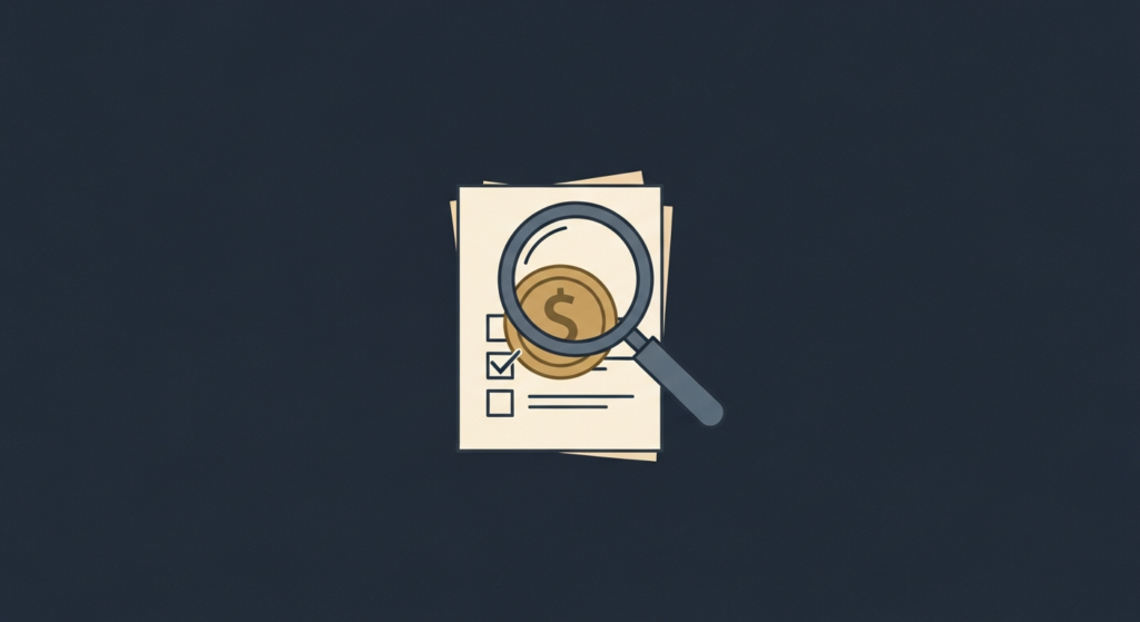 Illustration: a magnifier over a gold coin on a checklist