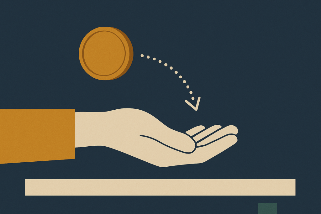 Illustration: a gold coin moving along an arrow toward an open hand at a counter