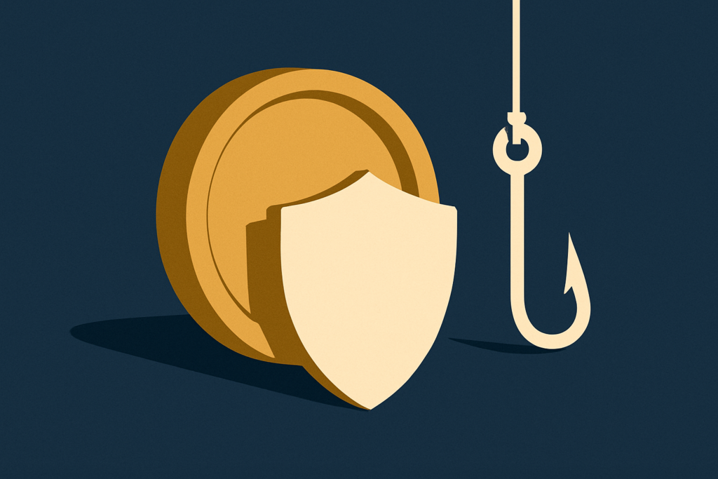 Illustration: a gold coin behind a shield beside a hook and lure