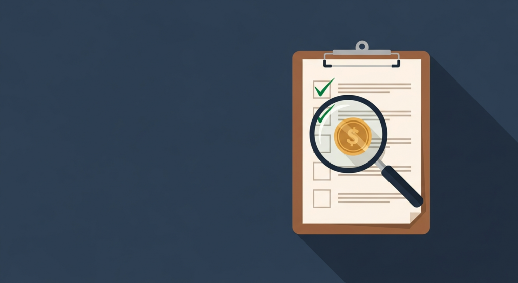Illustration: a gold coin viewed through a magnifying glass on a checklist clipboard