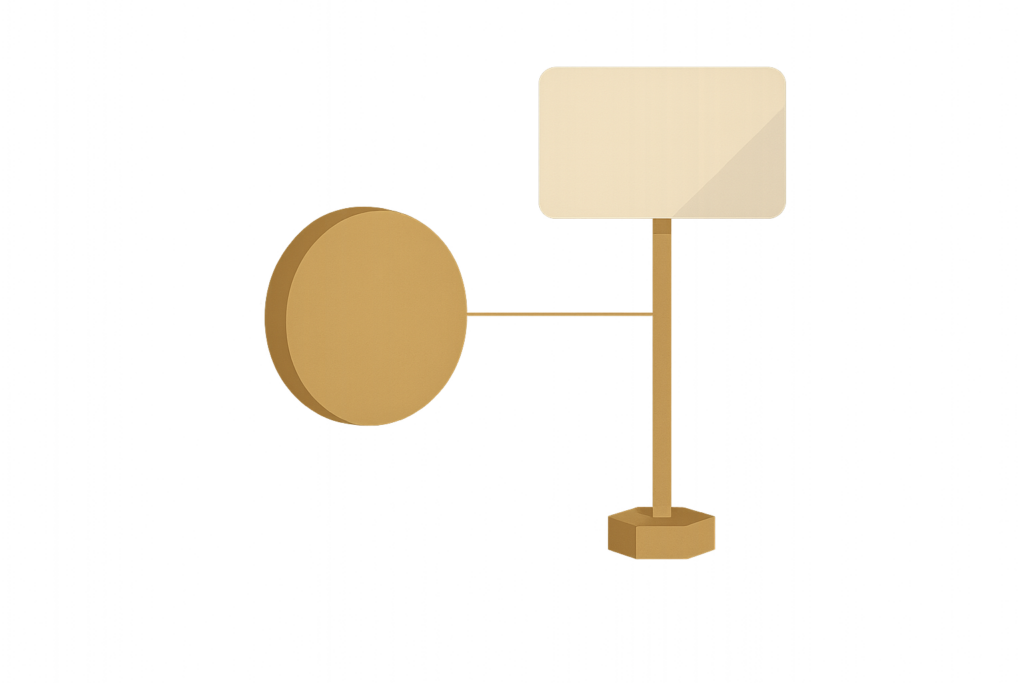 Illustration: a gold coin linked to a signpost behind a clear panel
