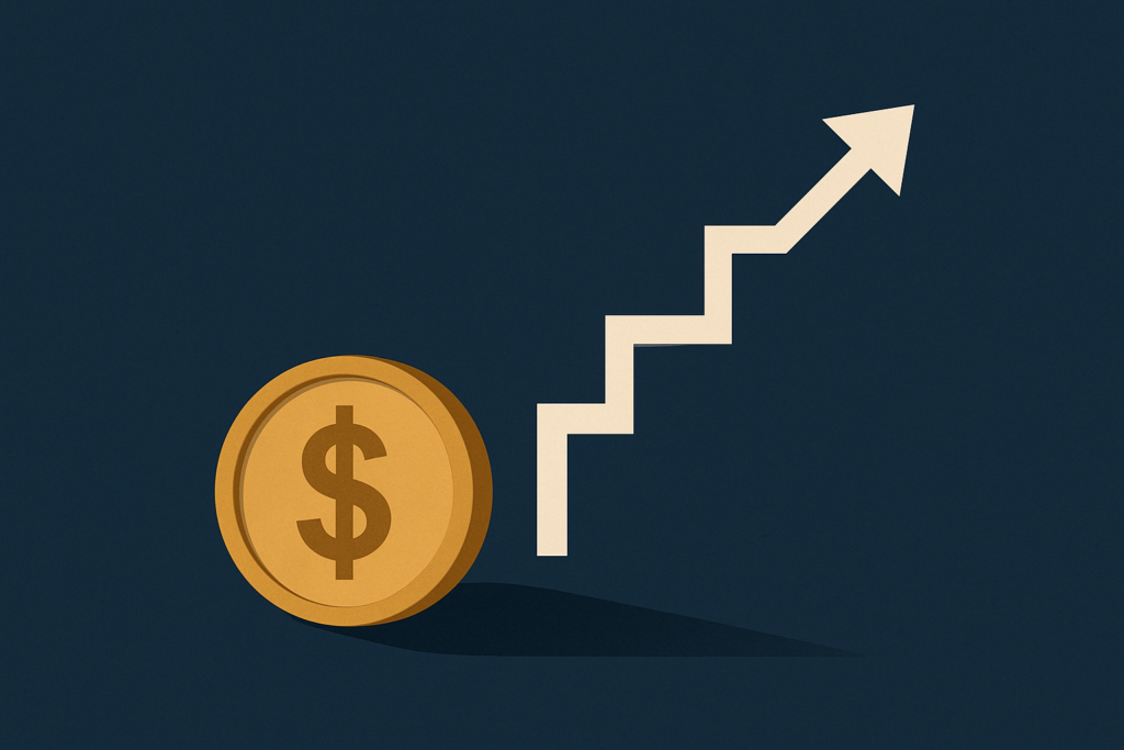 Illustration: a gold coin beside a stepped time line