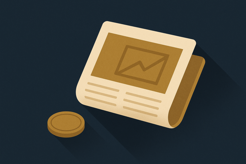 Illustration: a gold coin beside a folded newspaper and a small rising line chart