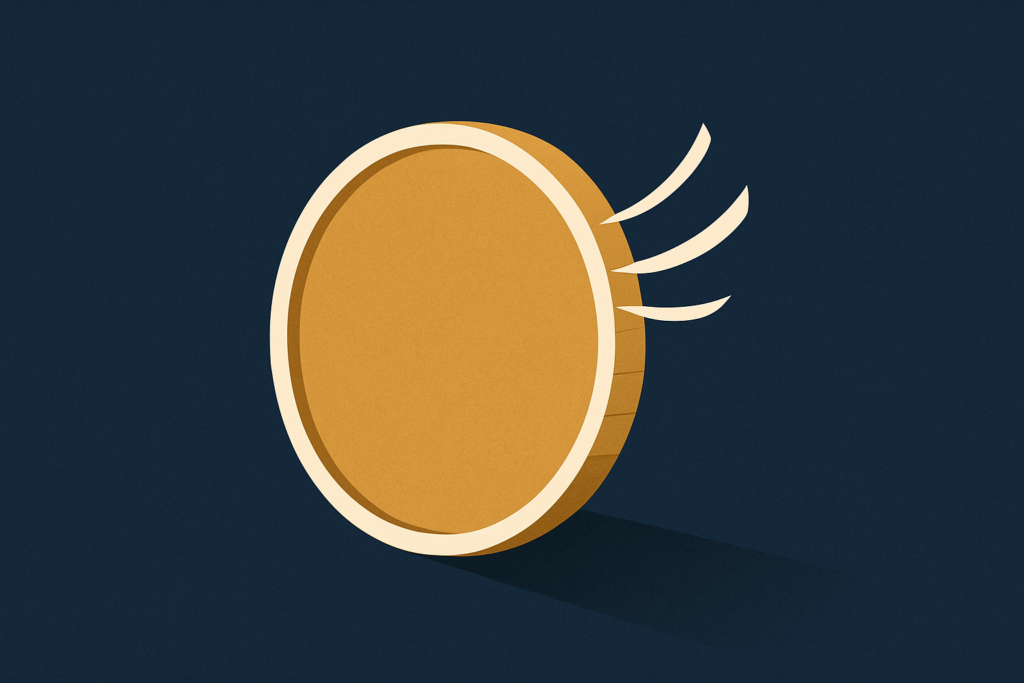 Illustration: a gold coin with thin slivers peeling away from its edge, on a navy field