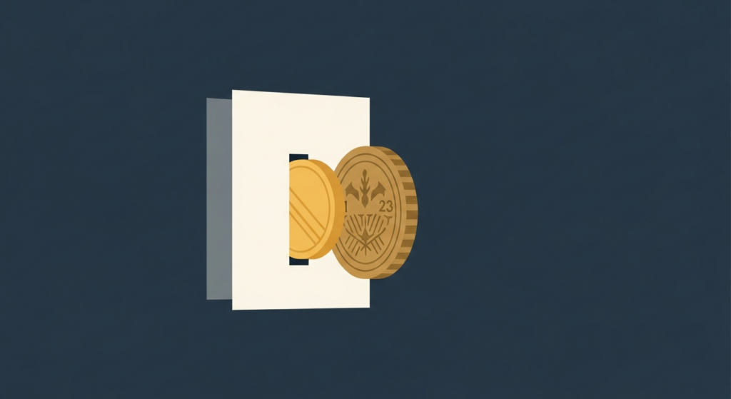 Illustration: a bullion coin through a gate, a collector coin turned away