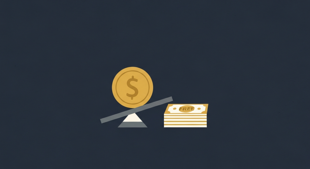 Illustration: a gold coin on a fulcrum against fee chips