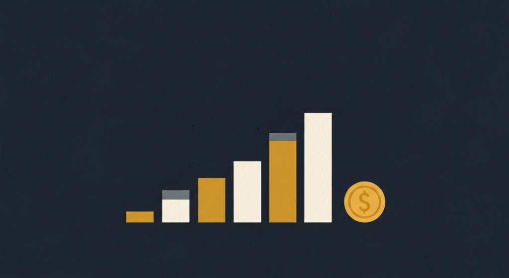 Illustration: rising growth bars beside a small gold coin