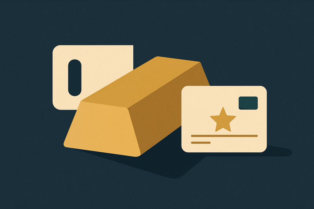 Illustration: a gold bar beside a rewards card whose glow offsets part of a price band, on a navy field