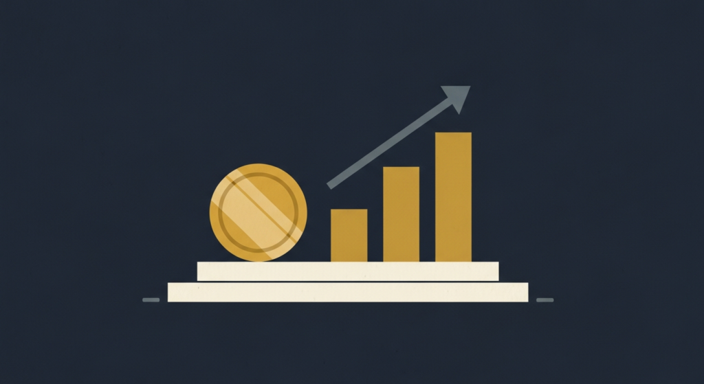 Illustration: a gold coin beside a rising bar chart