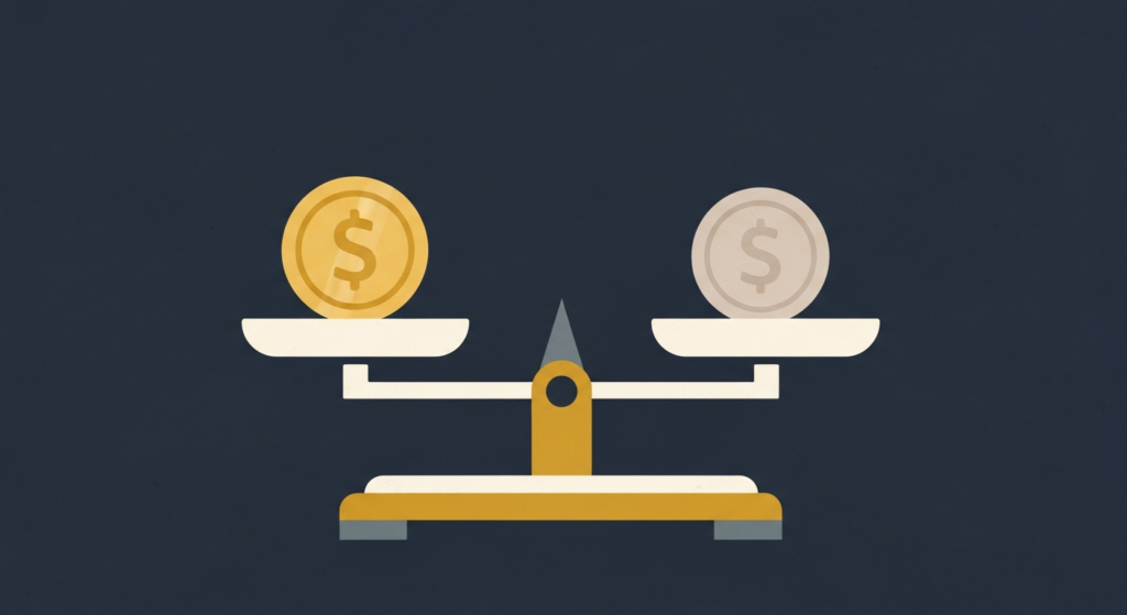 Illustration: a gold coin and a silver coin on opposite ends of a scale